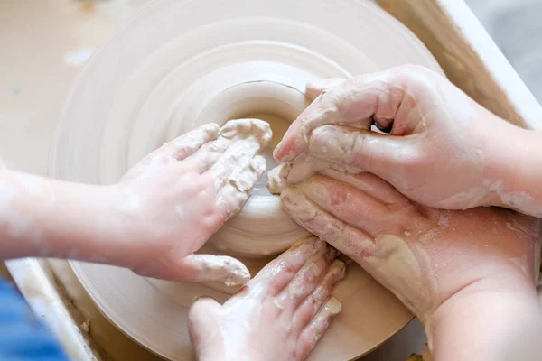 Pottery handcraft hobby hands shape clay wheel — Stock Photo, Image