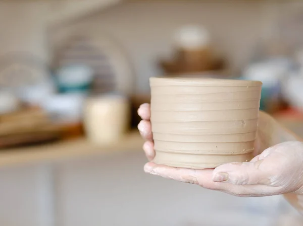 Pottery handcraft hobby hands shape clay wheel — Stock Photo, Image