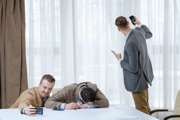 office fun work business selfie sleeping colleague