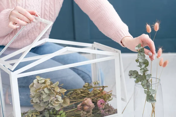 Decor design creative floral arrangement glass box — Stock Photo, Image