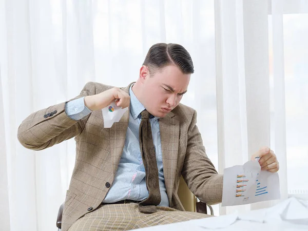 Disappointed business man tear document failure — Stock Photo, Image