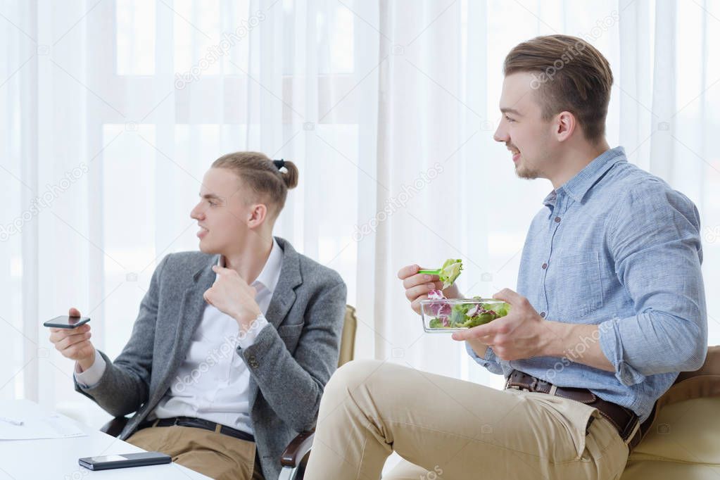office communication business men talking lunch