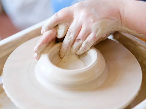 Pottery handcraft hobby hands shape clay wheel — Stock Photo, Image