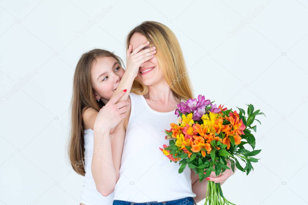happy family loving daughter surprise flower bunch