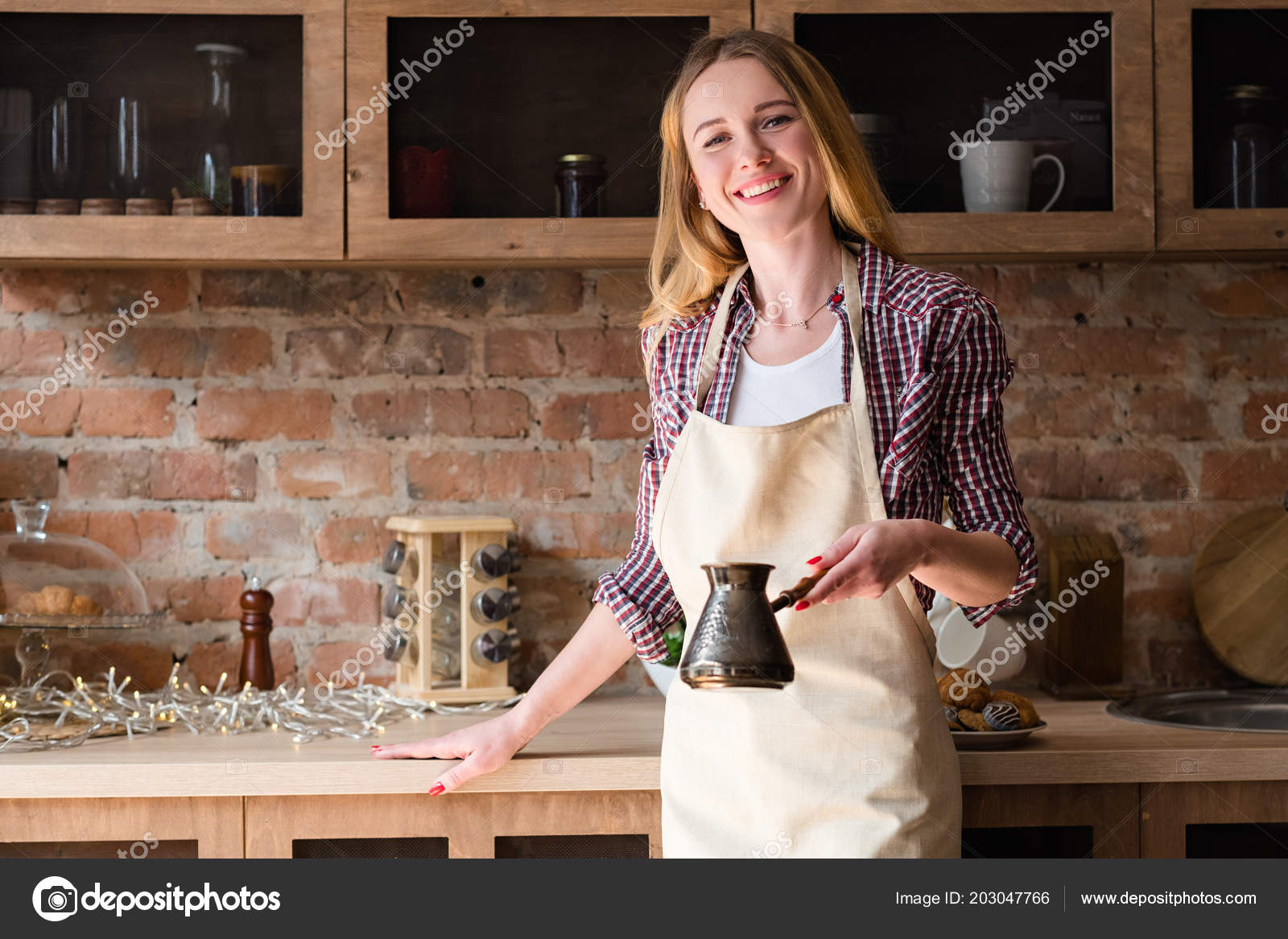 Woman Apron Making Coffee Morning Home Kitchen Stock Photo Woman Apron Making Coffee Morning Home Kitchen Stock Photo