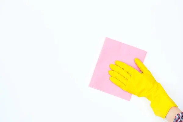 Καθαρισμός αποχέτευσης υγιή κίτρινο σπίτι χέρι γάντι — Φωτογραφία Αρχείου