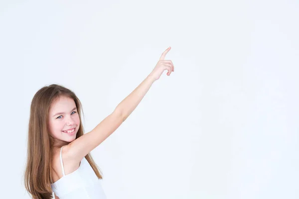 Little girl point hand index finger advertisement — Stock Photo, Image