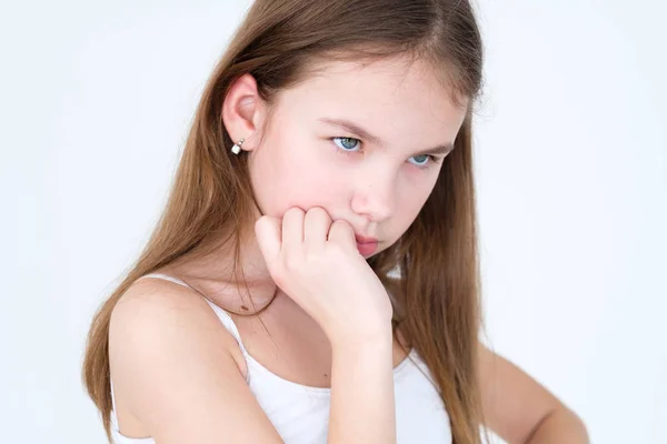 Emotion thoughtful face expression girl pensive — Stock Photo, Image