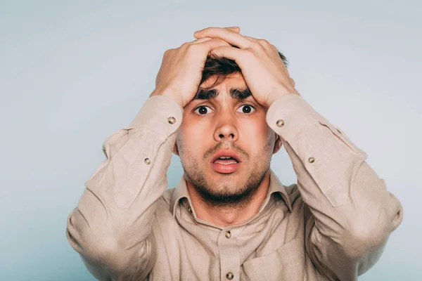 Sad Worried Distraught Scared Afraid Man Pulling Hair Out Portrait — Stock Photo, Image