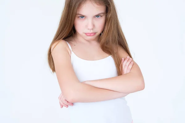 Emotion hurt look offended kid girl crossed arms — Stock Photo, Image