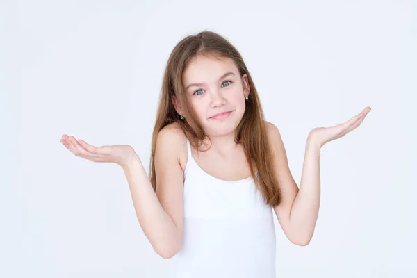 Emotion confused clueless child lift hands dismay — Stock Photo, Image