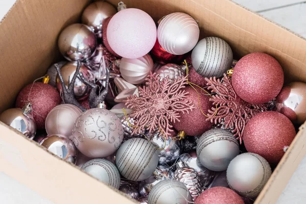 Assortment christmas decor ball box rose silver — Stock Photo, Image