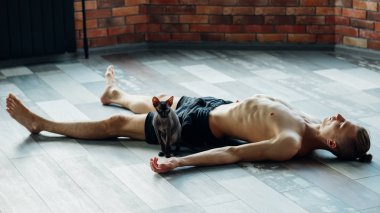 yoga eğitim arkadaşı spor salonunda egzersiz kedi adam yalan