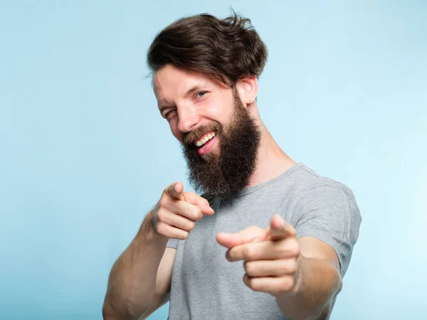 Rock success approval confident beard guy winking — Stock Photo, Image