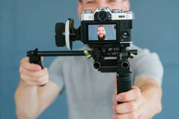 blogger video streaming man communicating camera