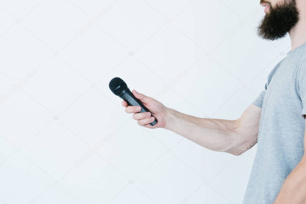 broadcaster media man holding microphone interview