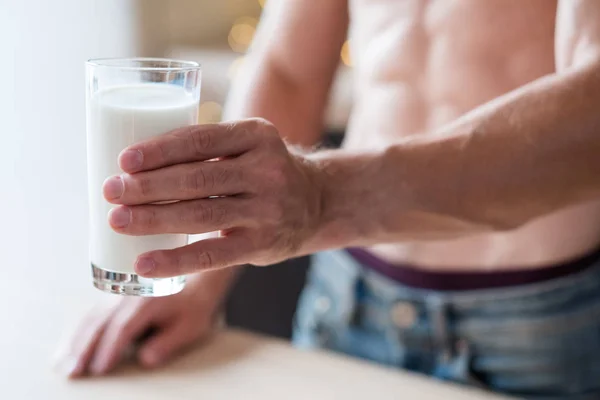 Milk dairy product healthy fit body man hold glass — Stock Image Milk dairy product healthy fit body man hold glass Stock Photo