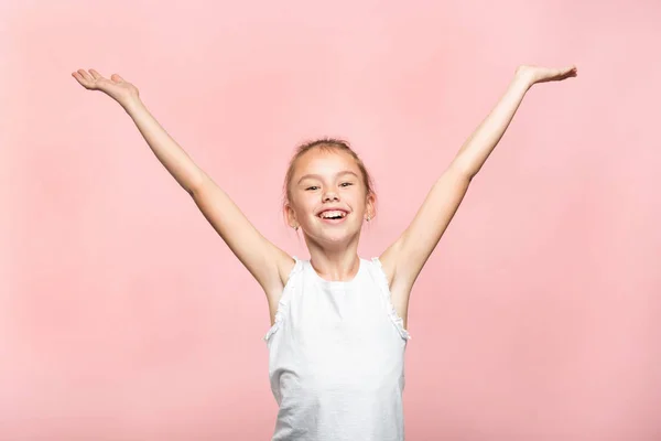 Sukses prestasi bahagia gadis bersemangat tangan udara — Stok Foto
