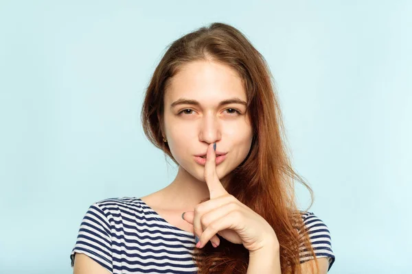 Girl keep secret mystery finger on lips — Stock Photo, Image