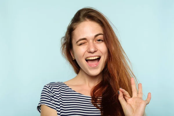 Ok winking expression happy smiling joyful girl — Stock Photo, Image