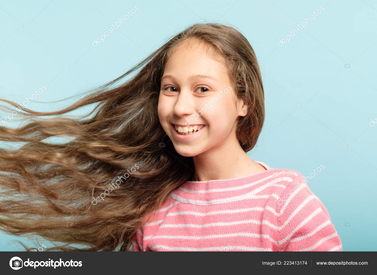 Adolescent Girl Wavy Hair Flying Haircare Kids Stock Photo