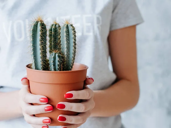 Mulher voluntária flowerpot proteção do meio ambiente — Fotografia de Stock