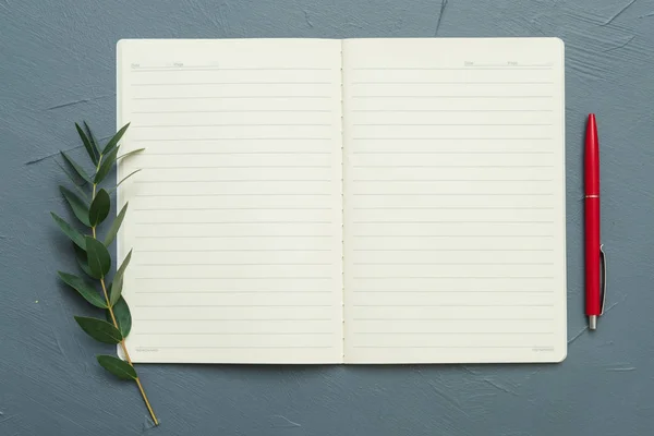 Ispirazione notebook bianco penna rossa foglia d'alloro — Foto Stock