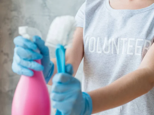 House cleaning volunteer hand glove atomizer brush — Stock Photo, Image