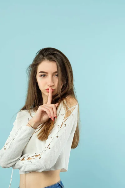 Quiet attractive woman say hush copy space — Stock Photo, Image