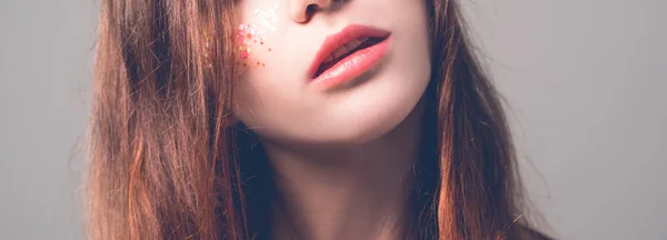 Female beauty natural makeup soft shiny lips — Stock Photo, Image