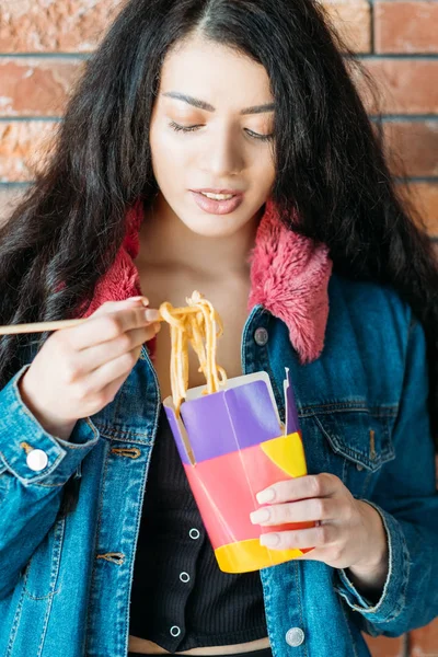Youth eating habit female chinese noodles yummy — 스톡 사진