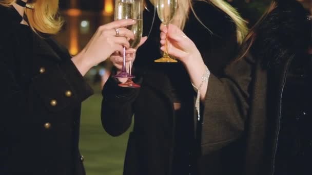 Kızlar parti eğlenceli şampanya sokak gece şehir ışıkları — Stok video