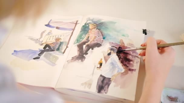 Watercolor painting sketchbook artist talent hobby — Stock Video