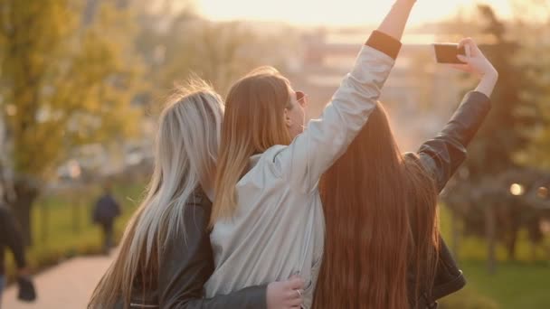 Damas disfrutando de la noche feliz tomando selfie — Vídeo de stock