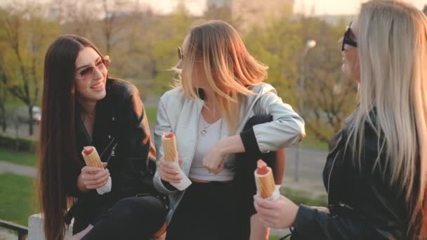 Comida rápida señoritas picnic ciudad parque puesta de sol — Vídeos de Stock