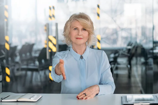 Welcome assured lady hand outstretched employment — Stock Photo, Image
