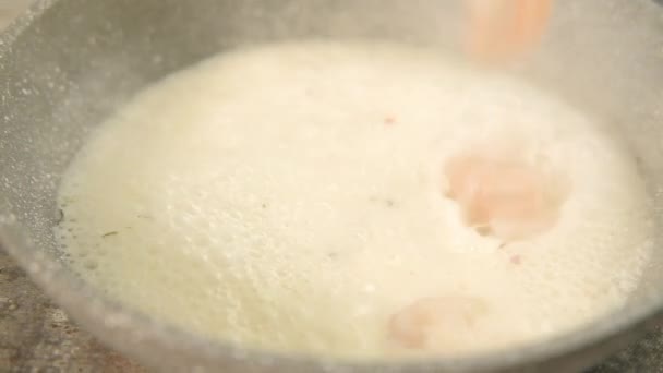Harina de mariscos cocinar camarones salsa crema blanca — Vídeo de stock