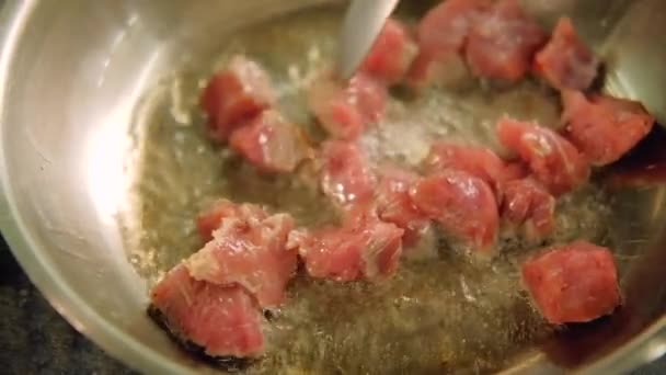 Restaurante refeição cozinhar carne chef mexer carne picada — Vídeo de Stock