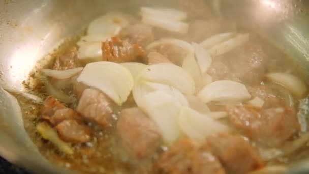 Restaurant Mahlzeit Koch Fleisch gewürfeltes Rindfleisch in Scheiben geschnittene Zwiebel — Stockvideo