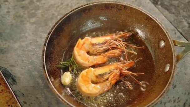 Страви з морепродуктів креветки смаження сковороди часник розмарин — стокове відео