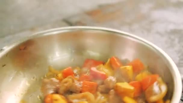 Stoofpot bereiding voedsel koken roer vlees groenten — Stockvideo