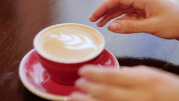 Кофе восхитительно женщина пробует красную кружку пенного латте — стоковое видео