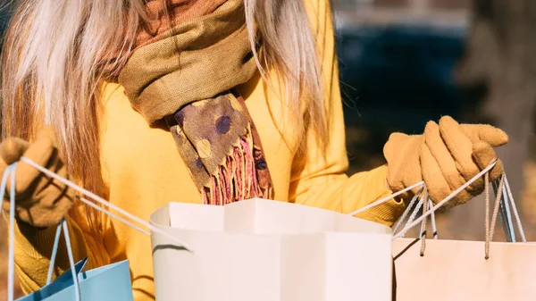 Herfst Sale Lady Shopping tassen vervagen achtergrond — Stockfoto