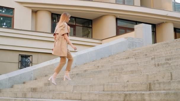 Geschäftsfrau zu Fuß Treppe hinauf Stadt Hektik — Stockvideo