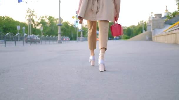 Frauenpower stilvolle Geschäftsfrau zu Fuß durch die Stadt — Stockvideo