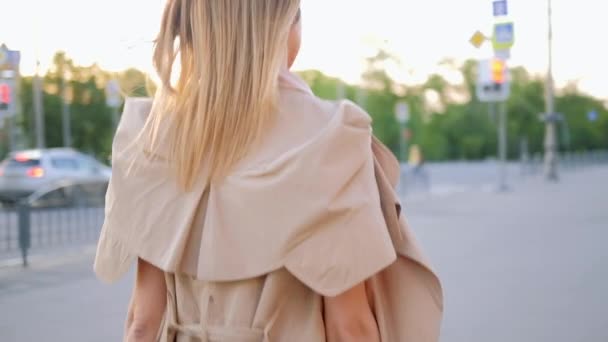 Городская деловая женщина ходить определяется задний вид — стоковое видео