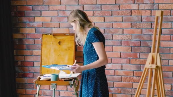 Художник працьовита жінка змішує акварель, створюючи відтінок — стокове відео