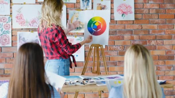 Aulas de arte professor de educação explicar roda de cores — Vídeo de Stock