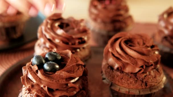 Décorateur de confiserie mis petits gâteaux haut de baies — Video