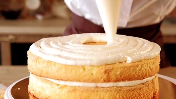 Cake recipe pastry chef piping filling sponge cake — Stock Video